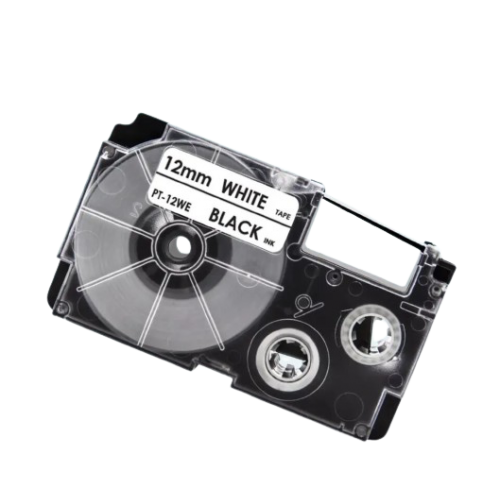 Casio XR-12WE kompatibel labeltape sort på hvid 12mm
